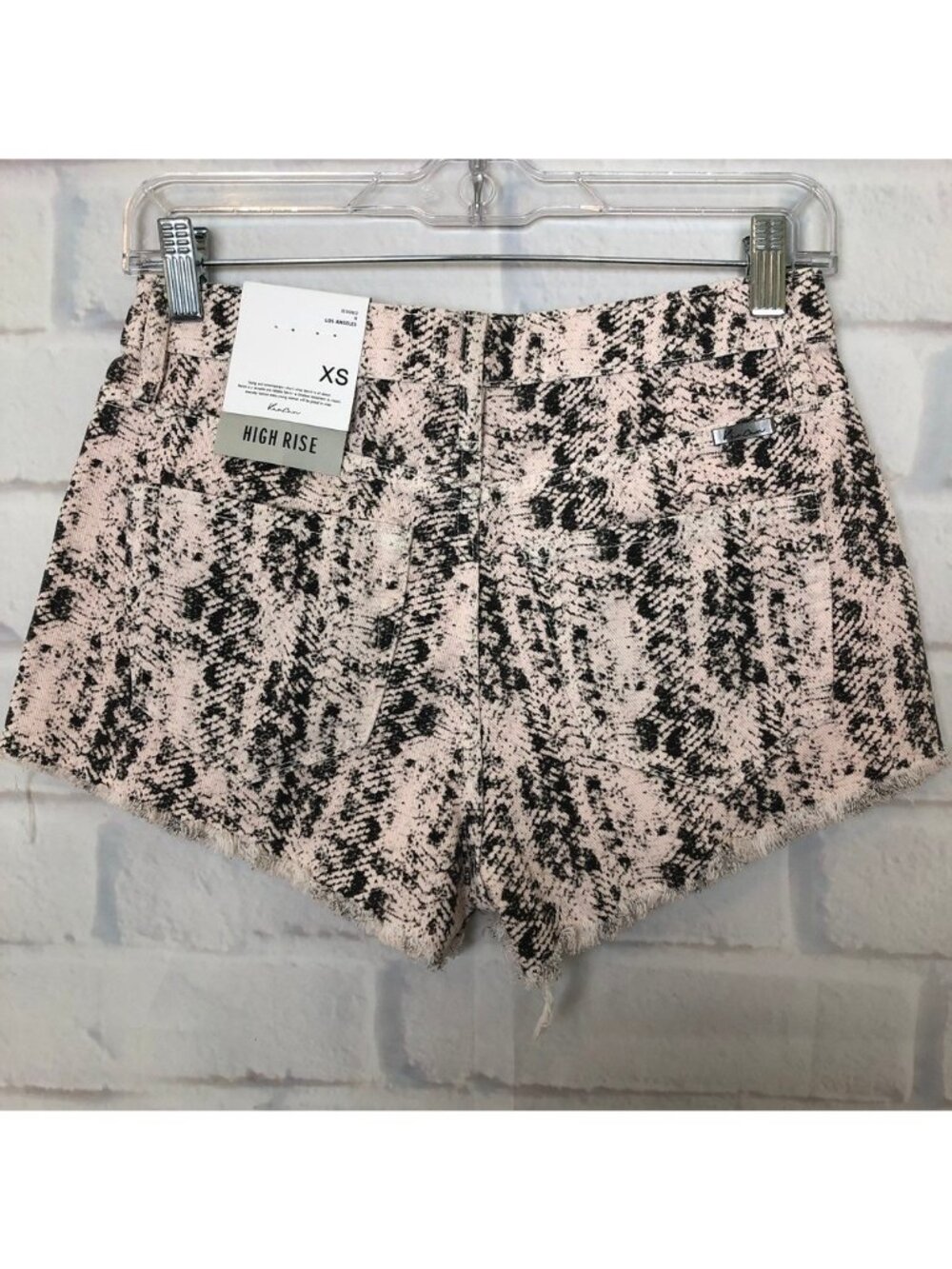 NWT Kancan High Rise Denim Shorts Size XS Pink Python Print Frayed Hem - Picture 2 of 7